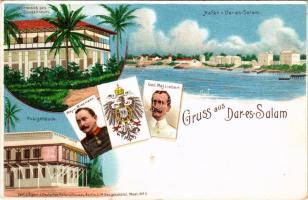 Dar es-Salaam, Daressalam; Gruss aus Dar-es-Salam. Wohnhaus des Gouverneurs, Hafen, Postgebäude. Maj...