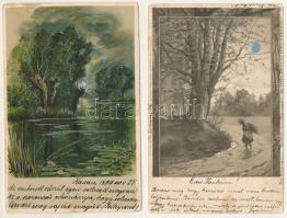 2 db RÉGI (1905 előtti) litho művészlap, ezüst Holddal. Winkler &amp; Schorn Postkarte / 2 pre-1905 litho art postcards with silver Moon