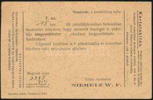 1912 Temesvár, Niemetz W. F. nagy faiskolatelepe fejléces levelezőlap