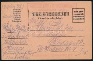 1916 Kassa, a a cs. és kir. 38. gyalogezred katonájának a kassai tartalékkórházból feladott tábori posta levelezőlapja, "Vörös Kereszt Egylet 1. sz. tartalék-kórházának igazgatósága Kassa" bélyegzéssel