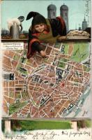 1908 München, Munich; map, montage with beer mug and pretzel (EK)