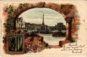 1904 Leipzig, Augustusplatz mit Mendebrunnen / square, fountain, tram. Richard Ramm Art Nouveau, flo...