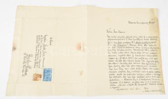 1944 Debrecen Mata János (1907?1944) grafikus, költő autográf levele Szabó Imre (1904-1958): szerkesztőnek az Exodus könyvkiadó alapítójának, melynek Kner Imre könyvkiadóval szóló vitájáról ad számot.