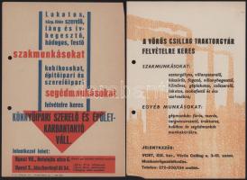 cca 1950-1970 Vegyes műszaki reklám plakát tétel, 4 db: Vörös Csillag Traktorgyár, Könnyűipari Szerelő és Épületkarbantartó Vállalat, SKF, Fővárosi Takarító Vállalat, változó állapotban, kettő szélén két lyukkal, egy másik hajtott, 23x16 cm és 24x17 cm