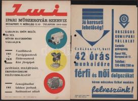 cca 1950-1970 Vegyes műszaki reklám plakát tétel, 3 db: Ipari Műszergyár Szervíz, Országos Gumiipari Vállalat, Általános Építő és Javító és KTSZ, és 1 db TEMAFORG Kézimunkaklub prospektus, változó állapotban, három szélén két lyukkal, 24x15 cm és 26x19 cm közötti méretben.