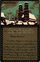 1909 München, Munich; Frauenkirche / church in winter. Art Nouveau, litho s: Carl Kunst (wet corner)