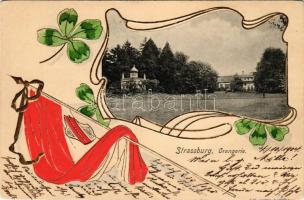 1904 Strasbourg, Strassburg; Orangerie. Art Nouveau, Emb. litho frame with clovers and flag (EK)
