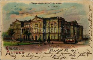 1899 Hamburg, Altona. Das neue Rathaus / town hall, tram. Transparentpostk. "Meteor" hold ...