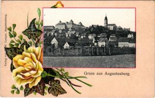 Augustusburg, Schloss / general view, castle. E. W. Langer Art Nouveau, floral, litho frame (fa)