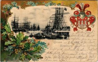 1902 Hamburg, Hafen / port. Art Nouveau, floral, Emb. litho frame with coat of arms (pinhole)