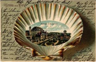1902 Kiel, Schloss u. Seegarten / castle. Kunstanstalt Rosenblatt Art Nouveau, Emb. litho with seash...