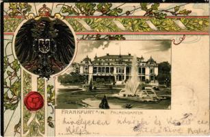 1902 Frankfurt am Main, Palmengarten. Art Nouveau, floral, Emb. litho with coat of arms (pinholes)