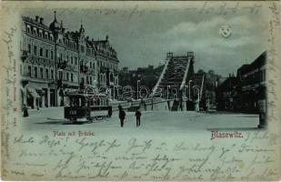 1898 Dresden, Blasewitz. Platz mit Brücke / street view at night in moonlight with bridge, tram and ...