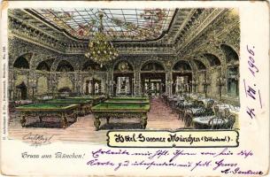 1906 München, Munich; Hotel Gassner, Billardsaal / hotel, interior with pool tables. Art Nouveau (te...