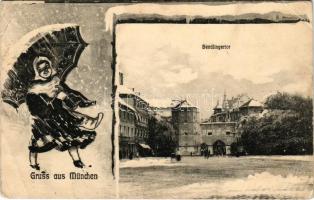1908 München, Munich; Sendlingertor / gate in winter. Lichtdruck A. Rau Art Nouveau frame, girl with...