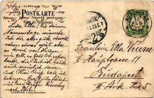 1908 München, Munich; Sendlingertor / gate in winter. Lichtdruck A. Rau Art Nouveau frame, girl with...