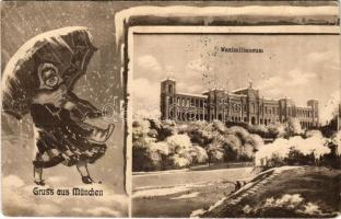1907 München, Munich; Maximilianeum / boarding school in winter. Art Nouveau frame, girl with umbrel...
