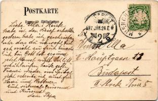 1907 München, Munich; Maximilianeum / boarding school in winter. Art Nouveau frame, girl with umbrel...