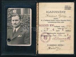 1933 Budapesti Kir. M. Pázmány Péter Tudományegyetem fényképes diákigazolványa joghallgató részére