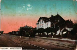 Ipolyság, Sahy; vasútállomás, vonat, gőzmozdony / railway station, locomotive, train + "IPOLYSÁG" (EB)