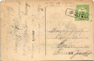 Ipolyság, Sahy; vasútállomás, vonat, gőzmozdony / railway station, locomotive, train + "IPOLYSÁ...