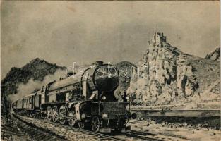 Sztrecsnó, Sztrecsény, Strecno; Lokomotiva rady 455.0 s rychlíkem u zríceniny Strecno (trat Zilina-Vrútky) / gyorsvonat a Zsolna-Ruttka vasútvonalon Sztrecsnó váránál a Vágvölgyben / express train on the Zilina-Vrútky railway line, locomotive, castle ruins in the Váh valley