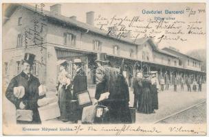 1904 Barcs, pályaudvar, vasútállomás, montázs úriemberekkel és hölgyekkel (fl)