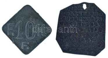 1920 k. "F. 10 K. F." rombusz alakú fém bárca (19x19mm) + "AL" jelzésű, 5 soros latin szövegű Cu bárca (18x19mm) T:VF