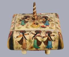 Indiai festett tevecsont ékszeres edény, 8x8 cm