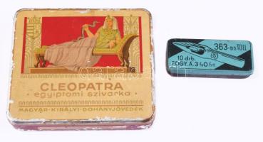 M. Kir. Dohányjövedék Cleopatra egyiptomi szivarka fémdoboz, kopásnyomokkal, 8x7x1,5 cm + tollhegy fémdoboz, benne 1 db tollheggyel