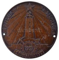 1959. "Építsük - Szépítsük - Szombathelyt" egyoldalas bronz emlékérem, hátoldalán rögzítésre szolgáló kialakítás maradványával, kétoldalt fúrt lyukakkal (60mm) T:XF