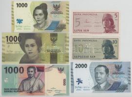 Indonézia 1964. 5s + 10s + 2013. 1000R + 2016. 1000R + 2022. 1000R + 2000R T:UNC-AU Indonesia 1964. 5 Sen + 10 Sen + 2013. 1000 Rupiah + 2016. 1000 Rupiah + 2022. 1000 Rupiah + 2000 Rupiah C:UNC-AU