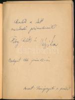 cca 1944-1946 Emlékkönyv bejegyzésekkel és rajzokkal, benne Fábry Edit (1923-1990) és Vályi Éva operaénekesnők, valamint Halmy Lujza (1916-2000) ének- és mozdulatművész aláírásával, széteső állapotban, kijáró lapokkal