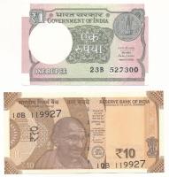 India 2016. 1R + 2021. 10R T:UNC-AU India 2016. 1 Rupee + 2021. 10 Rupees C:UNC-AU Krause P#117, P#109