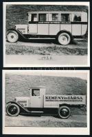 cca 1920-1930 Budapest, A Kemény és Társa Szerszám és Szerszámgépgyárának teherautója, későbbi előhívás, 9x12 cm + 1928 Az Első Móri Autóbusz Vállalat autóbusza, későbbi előhívás, 9x12 cm