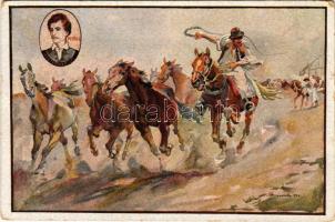 Kinn a ménes. A Petőfi Társaság kiadványa. Petőfi Centenárium / Hungarian folklore art postcard. Edi...