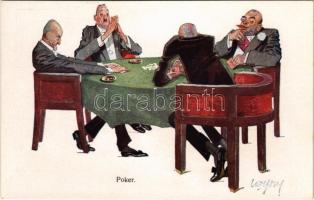 Poker. Gentlemen playing card games, art postcard. B. K. W. I. 234-6. s: Carl Josef