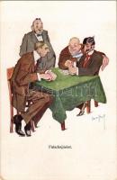 Falschspieler / Gentlemen playing card games, art postcard. B. K. W. I. 234-2. s: Carl Josef (fl)
