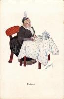 Patience. Lady playing card games, art postcard. B. K. W. I. 234-1. s: Carl Josef (fl)