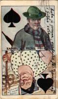 1934 Zaposl en preko noci / Croatian card game art postcard, Spades French playing card (fl)