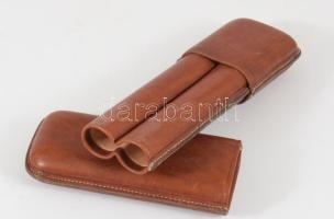 Kéthelyes bőr szivartartó, jó állapotban, h: 16 cm