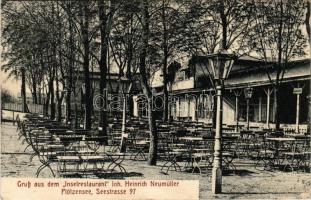 1913 Berlin, Plötzensee. Gruß aus dem Inselrestaurant Inh. Heinrich Neumüller. Seestrasse 97. / isla...