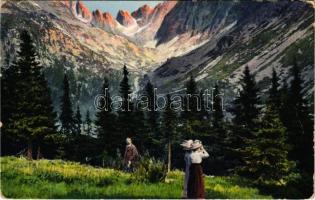 Tátra, Magas-Tátra, Vysoké Tatry; Részlet a Felkai-völgyből a Ferenc József-csúccsal. Paul Bender (Zürich) / Partie im Felkaer Tal mit Franz Josef-Spitze / Stít Frantiska Jozefa, Velciká dolina / mountain peak, valley (gyűrődések / creases)