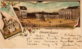 1898 Arad, Szabadság tér vértanú szoborral, római katolikus templom. Kunstverlag C. Jurischek / square, monument, Roman Catholic church. Art Nouveau, floral, litho