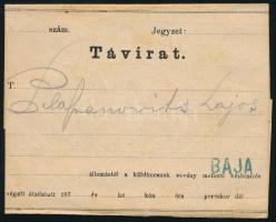 1874 Kézbesített távirat Pest - "BAJA" kék