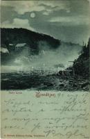 1899 Trondheim, Trondhejm; Nedre Lerfos / hydroelectric power station, waterfall, dam at night in mo...