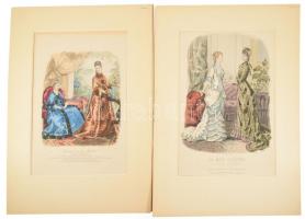 cca 1880 2 db színezett női divatillusztráció, paszpartuban, külső méret: 48x35 cm