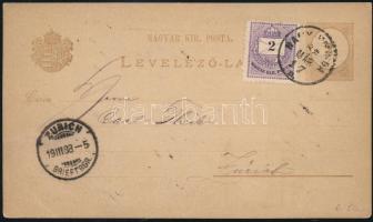 1888 2kr díjjegyes levelezőlap 2kr kiegészítéssel "NAGY-KIKINDA" - "ZURICH"