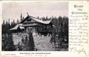 1899 Oslo, Christiania, Kristiania; Bjaelkestue paa Frognersaeteren / log cabin (EM)