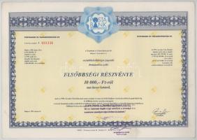 1992. Budapest "Postabank és Takarékpénztár Rt." részvénye 10.000Ft-ról, szelvényekkel és bélyegzéssel (2x) sorszámkövető "038336 - 038337" T:XF,VF